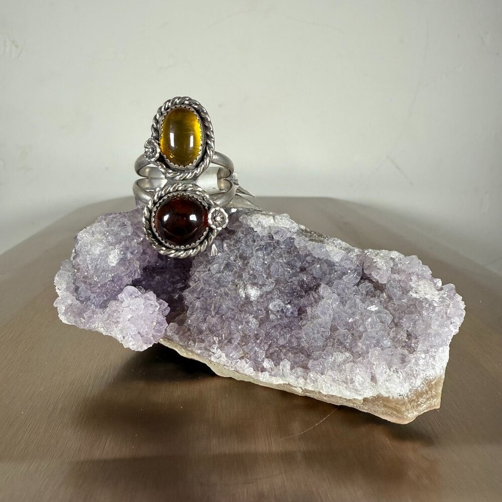Silver Ring with Amber and Garnet Double Gemstone Jewelry  Size 9